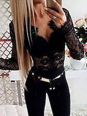 economico Top sexy da donna-Per donna Camicia Uscendo in cima Body Blusa Nero Liscio Pizzo Manica lunga Feste Fine settimana Sensuale A V Standard S