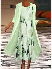 cheap Floral Dress-Women&#039;s Midi Dress Two Piece Dress Set Church Dress Pink Green Gray 3/4 Length Sleeve Floral Ruched Summer Spring Crew Neck Elegant 2023 S M L XL XXL 3XL