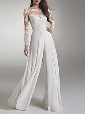 economico abiti da sposa casual-Matrimonio sulla spiaggia Hall Abiti da matrimonio casual Tute Collo illusione Manica lunga Lunghezza a terra Chiffon Abiti da sposa con applicazioni 2025