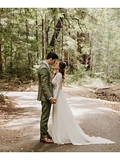 economico abiti da sposa casual-Matrimonio in Spiaggia Abiti da Sposa Boho A-Line Scollo A Barchetta Maniche Lunghe Strascico Corto in Pizzo Abiti da Sposa con Pieghe e Appliche 2025