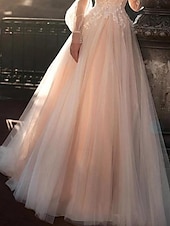 economico Abiti da sposa-Abiti da Matrimonio in Spiaggia a Colore Abiti da Matrimonio A-Line Collo Illusion Maniche Lunghe Strascico in Pizzo Bridal Gowns con Ricamo Applicazioni 2025