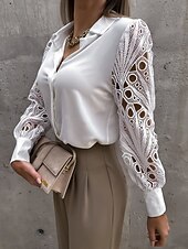 baratos Tops elegantes-Mulheres Camisa Social Blusa Tops de ilhas brancas Preto Branco Tecido Renda Botão Manga Longa Diário Final de semana Roupa de rua Casual Colarinho de Camisa Padrão S