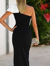 preiswerte SCHWARZ-Meerjungfrau Abendkleid Elegantes Kleid Hochzeitsgast Formale Abend Bodenlänge Ärmellos Ein Schulter Satin mit Schleife(n) Schlitz