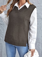 abordables Couleurs unies-Femme Pull Gilet mode basique Décontractées Couleur monochrome Col V Tricoté Sans Manches Tricoter Ecole du quotidien Sortie Noir Vin Eté Printemps