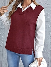abordables Couleurs unies-Femme Pull Gilet mode basique Décontractées Couleur monochrome Col V Tricoté Sans Manches Tricoter Ecole du quotidien Sortie Noir Vin Eté Printemps