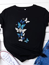 billige Dyrene tee-Dame T skjorte Sommerfugl Grunnleggende Kortermet T-skjorte Rund hals Vanlige topper Hjem Daglig Stevnemøte Trykt mønster Grunnleggende Svart Hvit Mørk Rosa Blå Sommer
