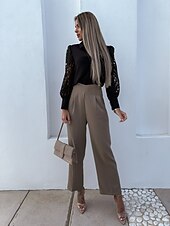 baratos Tops elegantes-Mulheres Camisa Social Blusa Tops de ilhas brancas Preto Branco Tecido Renda Botão Manga Longa Diário Final de semana Roupa de rua Casual Colarinho de Camisa Padrão S