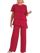 preiswerte Hosenanzüge für Mama-Zweiteiliger Jumpsuit  Hosenanzug Brautmutter Hochzeitsgast Elegant Plus Size Schmuckkragen bodenlang Chiffon kurze Ärmel mit kaskadierenden Rüschen
