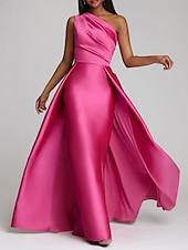 cheap PINK-Beach Wedding Sheath Evening Gown Elegant Dress Wedding Guest Cocktail Party Floor Length Sleeveless One Shoulder Satin with Overskirt Pure Color 2025