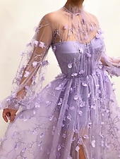 cheap Prom Dresses-A-Line Prom Dresses Floral Dress Wedding Guest Prom Floor Length Long Sleeve V Neck Tulle with Appliques 2025