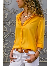 abordables Tops de Trabajo para Mujeres-Mujer Camisa Blusa Negro Blanco Amarillo Plano Color sólido Manga Larga Trabajo Casual Básico Cuello Camisero Regular S