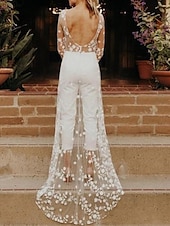 preiswerte lässige Brautkleider-Strandhochzeit Saal Offenes Rücken Hochzeitskleider Hosenanzüge Scoop-Ausschnitt Lange Ärmel Sweep  Brush Train Spitze Brautkleider Mit Blume 2025