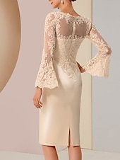 cheap Tea Length-Beach Wedding Sheath Gold Dresses Mother of the Bride Dress Elegant Vintage Luxurious Jewel Neck Knee Length Satin Lace Long Sleeve with Appliques dress Derby Dress Race Day Dress 2025