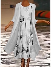 cheap Floral Dress-Women&#039;s Midi Dress Two Piece Dress Set Church Dress Pink Green Gray 3/4 Length Sleeve Floral Ruched Summer Spring Crew Neck Elegant 2023 S M L XL XXL 3XL