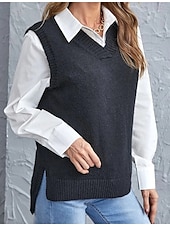 abordables Couleurs unies-Femme Pull Gilet mode basique Décontractées Couleur monochrome Col V Tricoté Sans Manches Tricoter Ecole du quotidien Sortie Noir Vin Eté Printemps