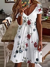 billiga Blommig klänning-Kvinnors Mini Klänning Petite Klänning T Shirt Klänning Tee Klänning Sommarklänning A-Line Klänning Söt Utomhus Semester Födelsedag Regular Fit Blommig Kort Ärmar V-Hals Svart Vit Rosa Vin Sommar