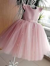 economico Abiti da damigella-Abito da cerimonia A-Line Lunghezza ginocchio Abito per ragazza di fiori Prima comunione Ragazze Abito prom carino in satin con Fiocco/i Tutu Fit 3-16 anni fai colpo