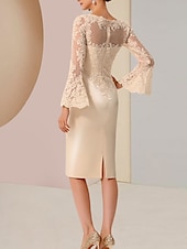 cheap Tea Length-Beach Wedding Sheath Gold Dresses Mother of the Bride Dress Elegant Vintage Luxurious Jewel Neck Knee Length Satin Lace Long Sleeve with Appliques dress Derby Dress Race Day Dress 2025