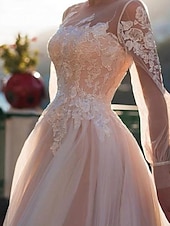 economico Abiti da sposa-Abiti da Matrimonio in Spiaggia a Colore Abiti da Matrimonio A-Line Collo Illusion Maniche Lunghe Strascico in Pizzo Bridal Gowns con Ricamo Applicazioni 2025