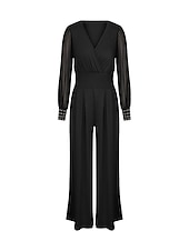 voordelige feest jumpsuits-Dames Jumpsuit Hoge taille Netstof Effen Kleur V-hals Elegant Feest Dagelijks Breed Been Slank Lange mouw Zwart Wijn S M L Herfst