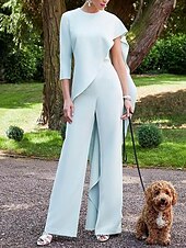 abordables Combinaisons pour maman-Combinaisons de la mère de la mariée Invitée de mariage Élégante Col bijou Longueur Sol Tissu extensible sans manches avec volants 2025 taille personnalisée gratuite