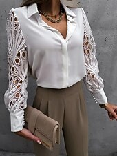 baratos Tops elegantes-Mulheres Camisa Social Blusa Tops de ilhas brancas Preto Branco Tecido Renda Botão Manga Longa Diário Final de semana Roupa de rua Casual Colarinho de Camisa Padrão S