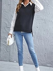 abordables Couleurs unies-Femme Pull Gilet mode basique Décontractées Couleur monochrome Col V Tricoté Sans Manches Tricoter Ecole du quotidien Sortie Noir Vin Eté Printemps