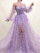 cheap Prom Dresses-A-Line Prom Dresses Floral Dress Wedding Guest Prom Floor Length Long Sleeve V Neck Tulle with Appliques 2025
