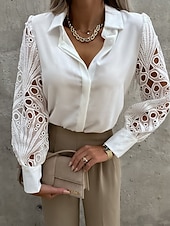 baratos Tops elegantes-Mulheres Camisa Social Blusa Tops de ilhas brancas Preto Branco Tecido Renda Botão Manga Longa Diário Final de semana Roupa de rua Casual Colarinho de Camisa Padrão S