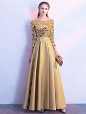 ieftine Rochii de Party-Linia -A Rochie Domnișoară Onoare Bijuterie Manșon Lung Elegant Lungime Podea Satin / Tulle / Paiete cu Eșarfă / Panglică / Pliuri 2022