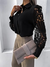 baratos Tops elegantes-Mulheres Camisa Social Blusa Tops de ilhas brancas Preto Branco Tecido Renda Botão Manga Longa Diário Final de semana Roupa de rua Casual Colarinho de Camisa Padrão S