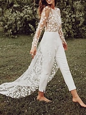 preiswerte lässige Brautkleider-Strandhochzeit Saal Offenes Rücken Hochzeitskleider Hosenanzüge Scoop-Ausschnitt Lange Ärmel Sweep  Brush Train Spitze Brautkleider Mit Blume 2025