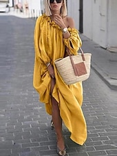 halpa Mekot-naisten vapaa-ajan mekko keinu mekko boho mekko pitkä mekko maxi mekko aprikoosinvihreä sininen pitkähihainen puhdas väri rypytetty talvi syksy kevät yksi olka muoti talvimekko päivittäinen loma