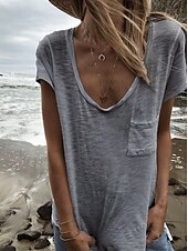 ieftine tricou simplu-Pentru femei Tricou Simplu De Bază Manșon scurt În V Topuri obișnuite Casual Sfârșit de săptămână Buzunar Alb Roșu-aprins Bleumarin Trifoi Kaki