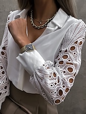 baratos Tops elegantes-Mulheres Camisa Social Blusa Tops de ilhas brancas Preto Branco Tecido Renda Botão Manga Longa Diário Final de semana Roupa de rua Casual Colarinho de Camisa Padrão S