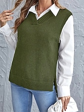 abordables Couleurs unies-Femme Pull Gilet mode basique Décontractées Couleur monochrome Col V Tricoté Sans Manches Tricoter Ecole du quotidien Sortie Noir Vin Eté Printemps