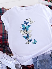 billige Dyrene tee-Dame T skjorte Sommerfugl Grunnleggende Kortermet T-skjorte Rund hals Vanlige topper Hjem Daglig Stevnemøte Trykt mønster Grunnleggende Svart Hvit Mørk Rosa Blå Sommer