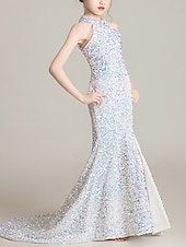 preiswerte Kleider für die Blumenmädchen-Meerjungfrau / Trompetenschleppe / Pinselschleppe Blumenmädchenkleid Festzug&amp;amp;Performance Kleine Meerjungfrau Ariel Juniors süßes Ballkleid mit Pailletten und funkelndem Schlitz vorne&amp;amp;Glanzfit