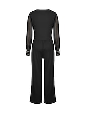 voordelige feest jumpsuits-Dames Jumpsuit Hoge taille Netstof Effen Kleur V-hals Elegant Feest Dagelijks Breed Been Slank Lange mouw Zwart Wijn S M L Herfst