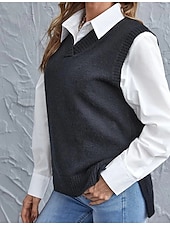abordables Couleurs unies-Femme Pull Gilet mode basique Décontractées Couleur monochrome Col V Tricoté Sans Manches Tricoter Ecole du quotidien Sortie Noir Vin Eté Printemps