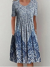billiga Boho klänningar-Kvinnors Midi Klänning Avslappnad Klänning Shift Klänning Blommönster Rynktryck Crew Hals Grundläggande Klassisk Daglig Semester Kort Ärmar Sommar Vår
