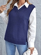 abordables Couleurs unies-Femme Pull Gilet mode basique Décontractées Couleur monochrome Col V Tricoté Sans Manches Tricoter Ecole du quotidien Sortie Noir Vin Eté Printemps
