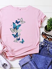 billige Dyrene tee-Dame T skjorte Sommerfugl Grunnleggende Kortermet T-skjorte Rund hals Vanlige topper Hjem Daglig Stevnemøte Trykt mønster Grunnleggende Svart Hvit Mørk Rosa Blå Sommer