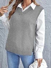 abordables Couleurs unies-Femme Pull Gilet mode basique Décontractées Couleur monochrome Col V Tricoté Sans Manches Tricoter Ecole du quotidien Sortie Noir Vin Eté Printemps