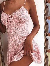 abordables Robes fleuries-Mini robe Femme Robe casual Sans Manches Printemps Eté - chaud robe sexy Lacet Imprimer Floral Vacances Fin de semaine Mince 2023 Boom Vente Robe Jaune foncé Rose Claire Blanche Jaune Pourpre fonc