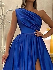 economico viola-Abito da sera A-Line abito elegante abito da sposa coinvolgimento lunghezza pavimento senza maniche spalla unica satinato con plissettature spacco