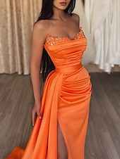 cheap ORANGE-Mermaid Sequin Evening Gown Sexy Dress Wedding Guest Cocktail Party Court Train Sleeveless Strapless Bridesmaid Dress Satin with Beading Pure Color Masquerade Dress 2025
