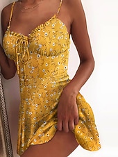 abordables Robes fleuries-Mini robe Femme Robe casual Sans Manches Printemps Eté - chaud robe sexy Lacet Imprimer Floral Vacances Fin de semaine Mince 2023 Boom Vente Robe Jaune foncé Rose Claire Blanche Jaune Pourpre fonc