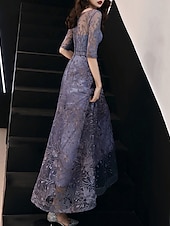 levne Délka podlahy-A-linii večerní šaty elegantní šaty svatební host formální večerní délka po zem poloviční rukáv šperkový výstřih tyl s vyšívacím vzorem  potisk volná velikost na míru