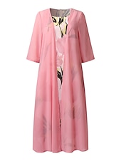 cheap Floral Dress-Women&#039;s Midi Dress Two Piece Dress Set Church Dress Pink Green Gray 3/4 Length Sleeve Floral Ruched Summer Spring Crew Neck Elegant 2023 S M L XL XXL 3XL